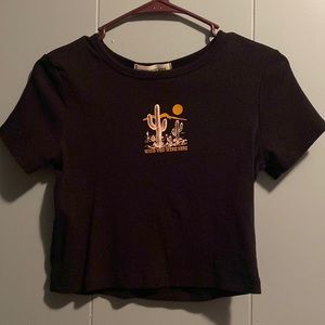 Black, short sleeve crop top, “wish you were here” design
